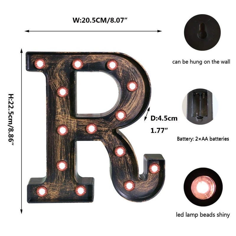 OYCBUZO Golden Black Led Marquee Letter - Industrial, Vintage Style Light Up Alphabet Letter Sign for Cafe Wedding Birthday Party Christmas Lamp Home Bar Initials Decor - R - Image 5